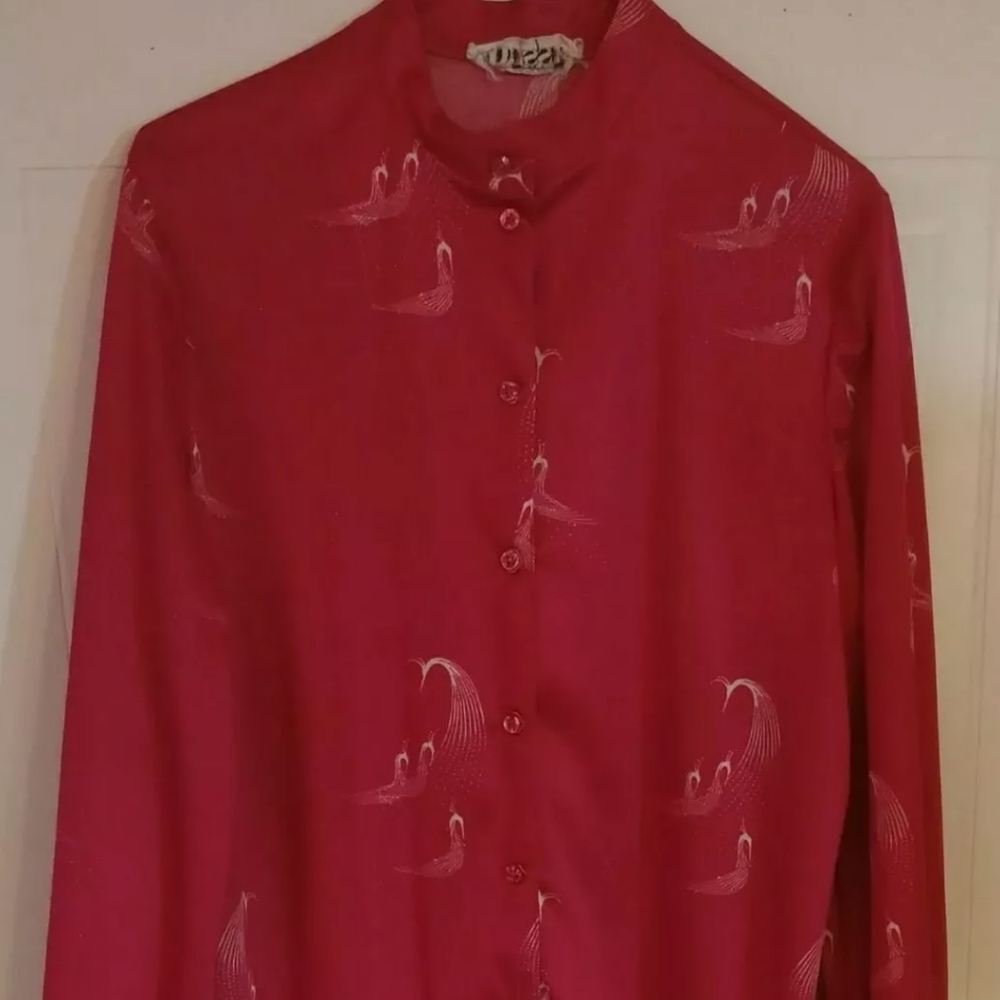 Vintage Women’s Blouse from Trissi Fuscia Peacock print Polyester Large L Retro